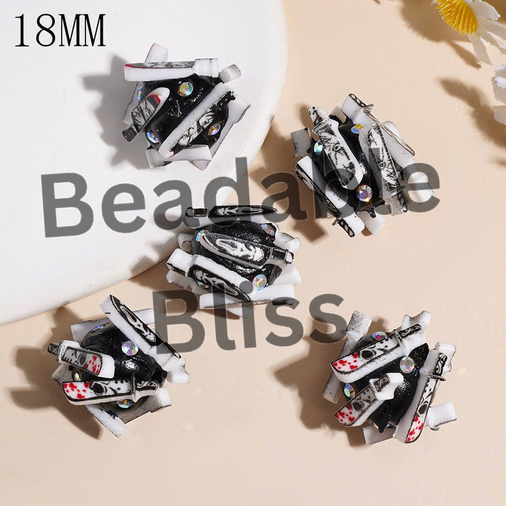 Knife with Red liquid Horror Character and AB Rhinestone Clay Beads, Back Background, 18MM Random Mix