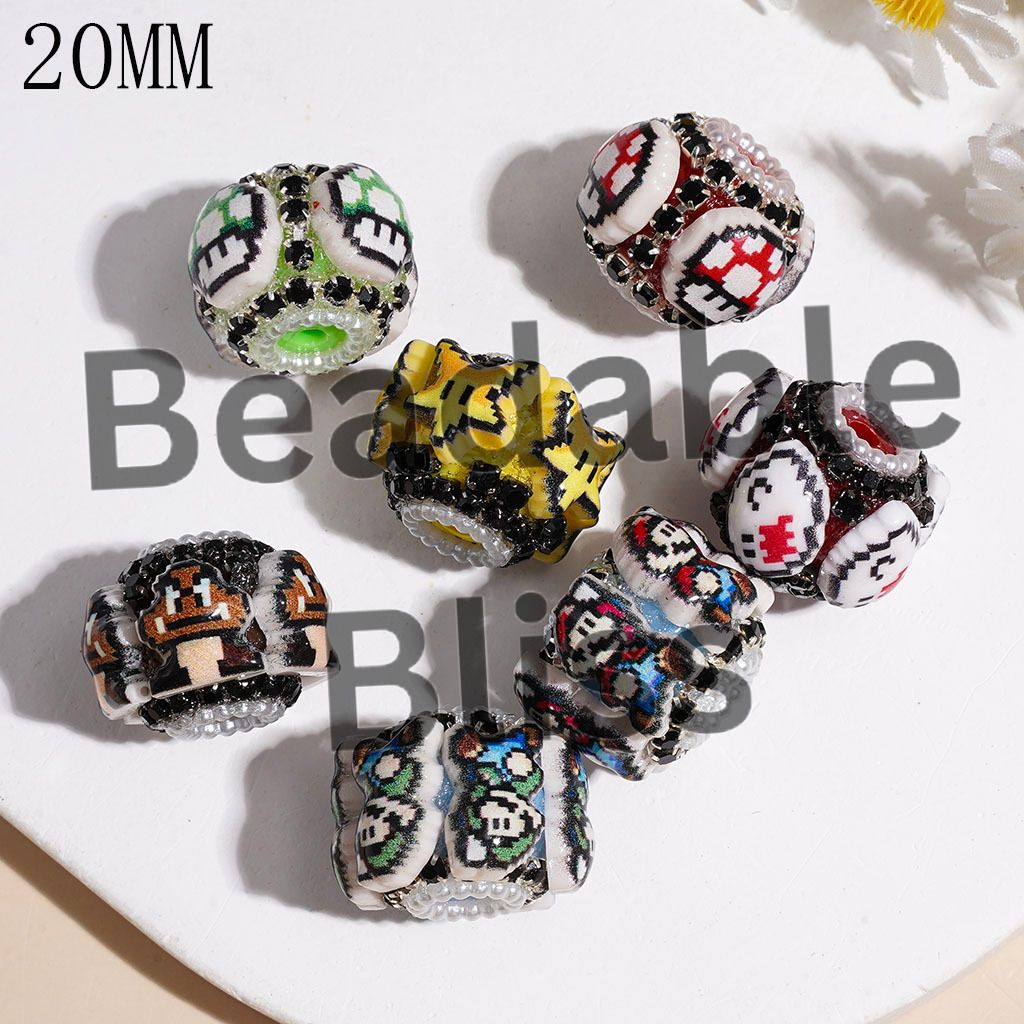 Handmade Acrylic Beads with Plumber Character Series, Black Rhinestone & White Pearl Chains, 20MM Random Mix