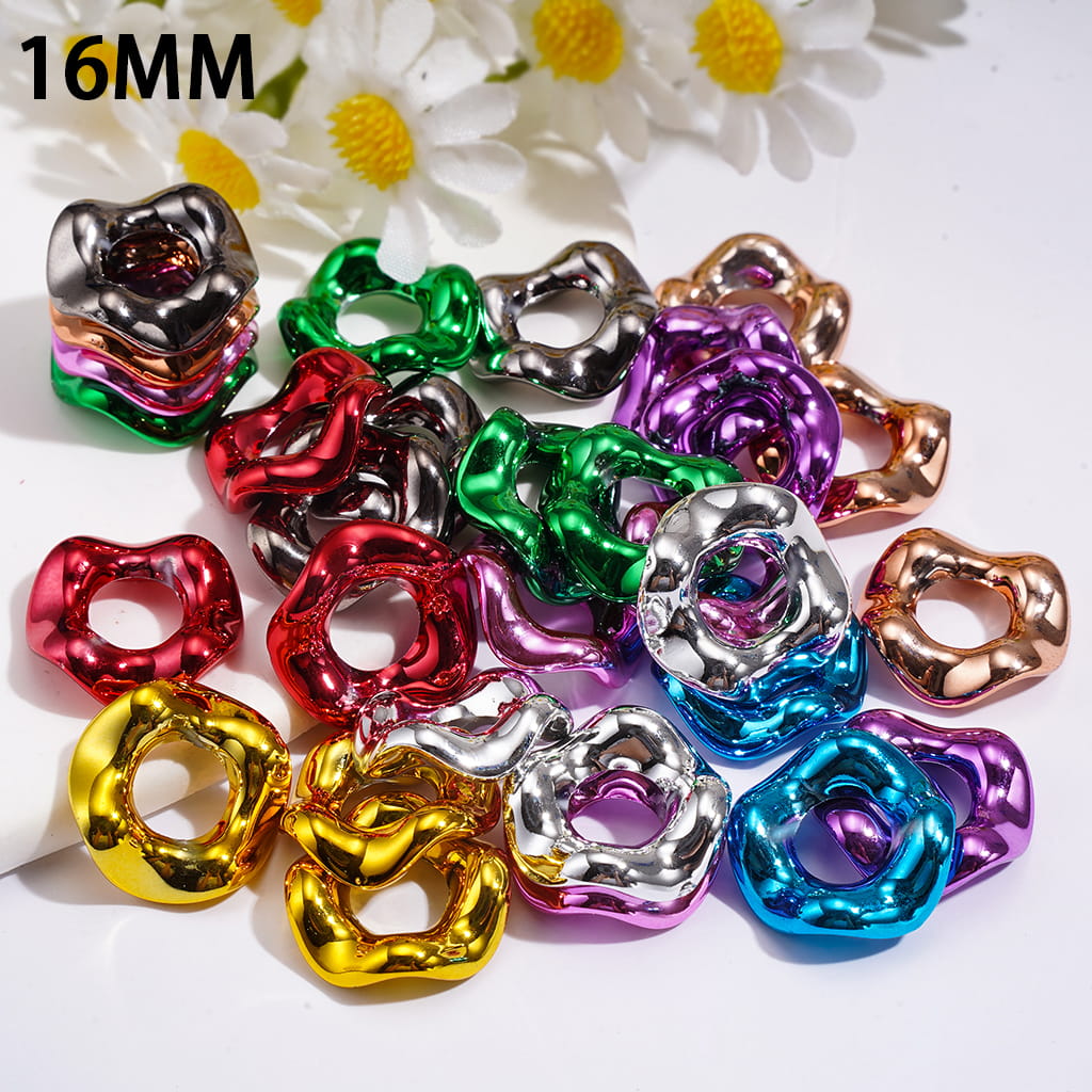 Metallic-Finish Acrylic Spacer Beads w Wave Scalloped Hollow Design, 16MM, Multi-Color (The Hole Diameter is Around 6.5MM)