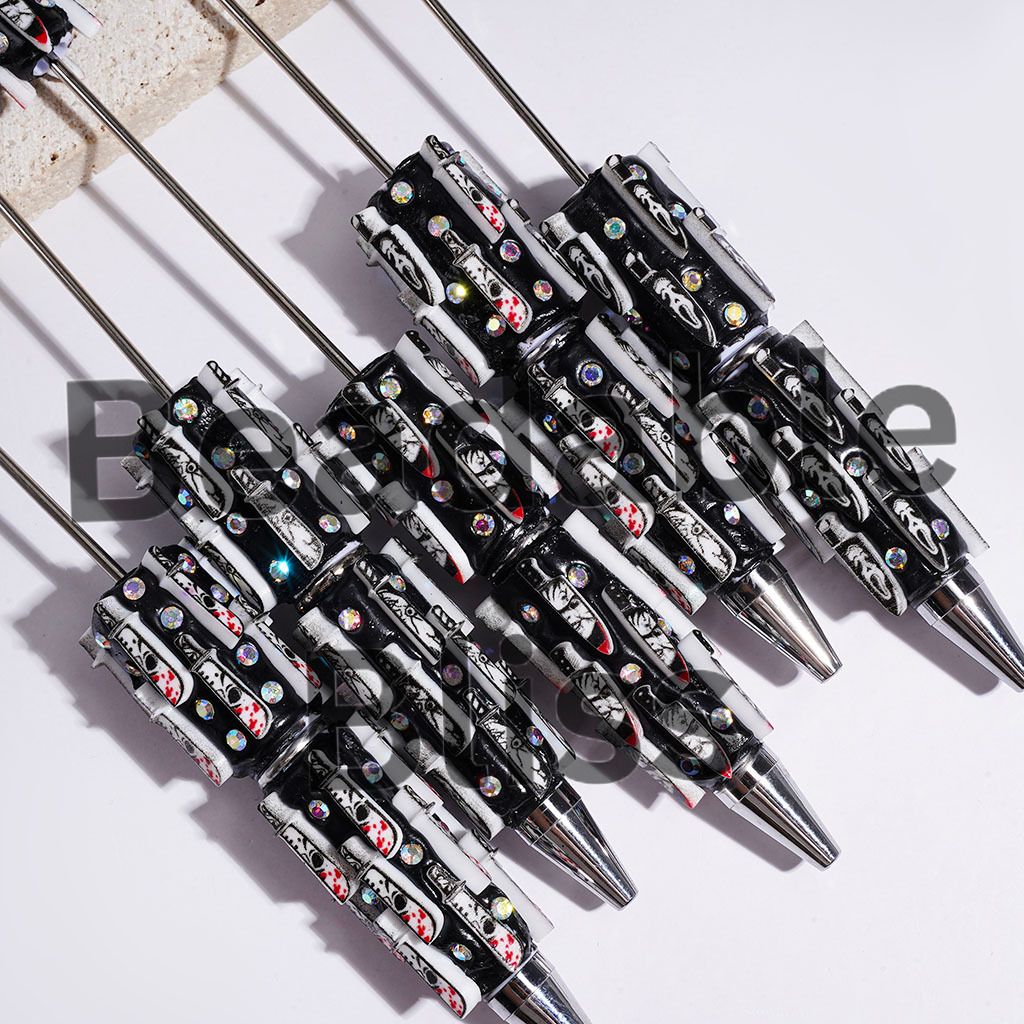 Knife with Red liquid Horror Character and AB Rhinestone Beadable Clay Pens, Back Background
