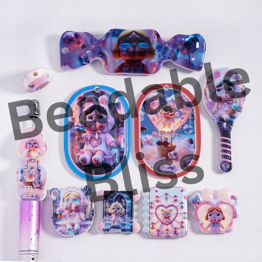 Collection of colorful hair accessories with cartoon characters on a white background