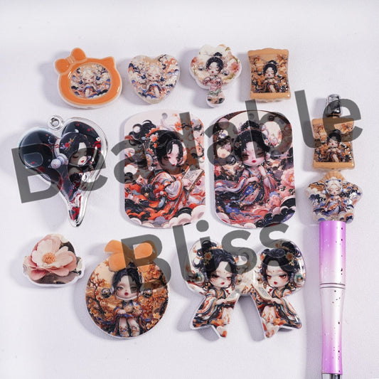 Collection of decorative items with artistic designs on a white background