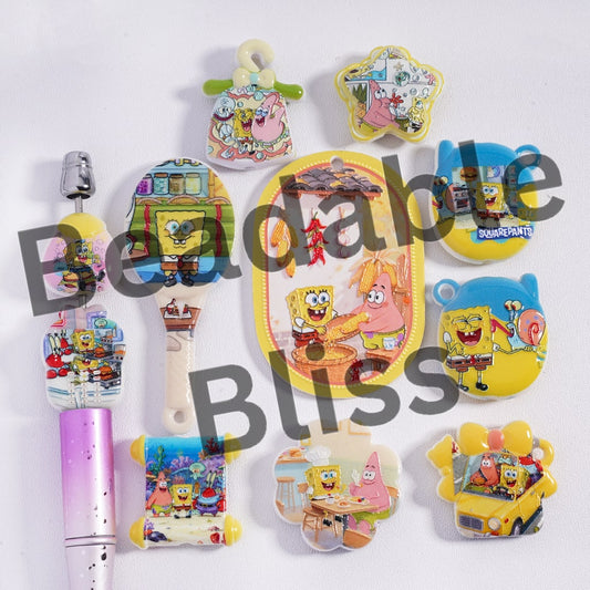 Collection of colorful cartoon-themed items on a white background