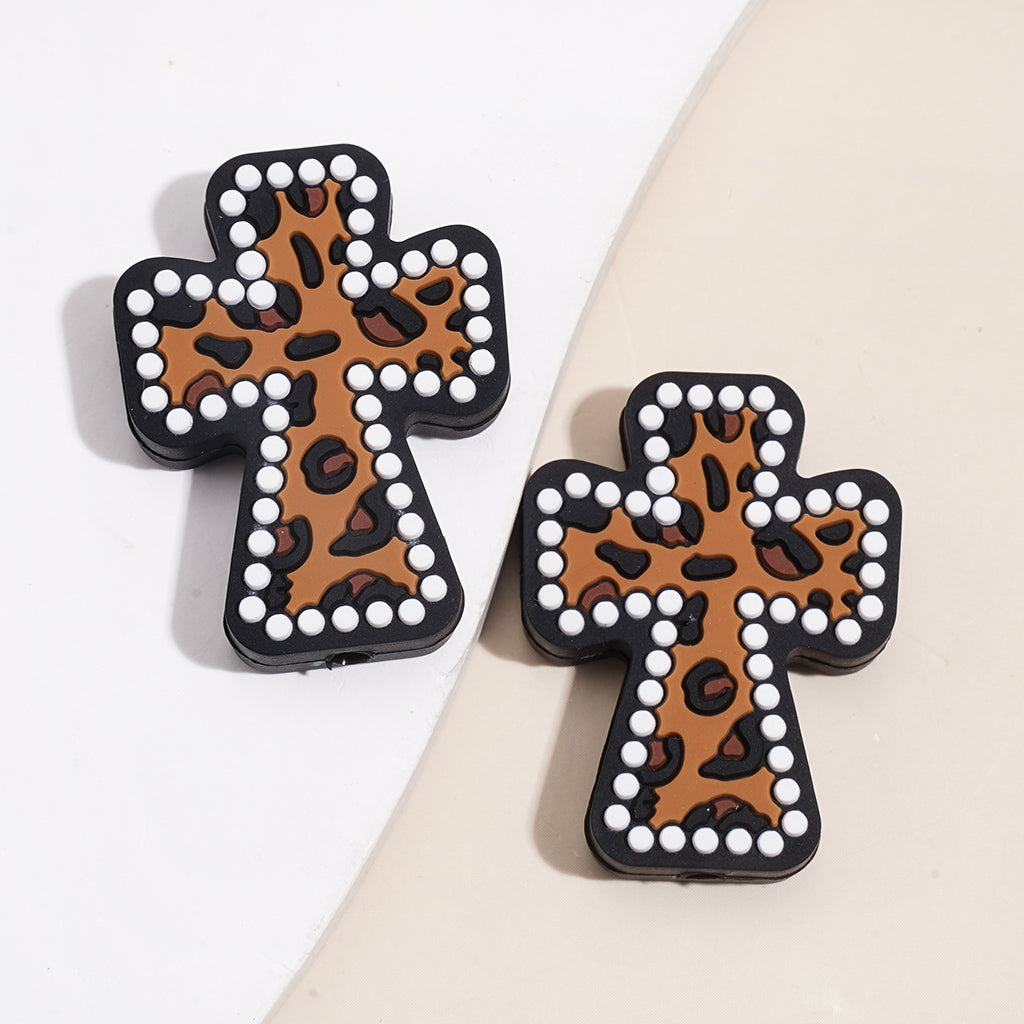 Silicone Focal Beads with Leopard Printed Cross in Various Colors