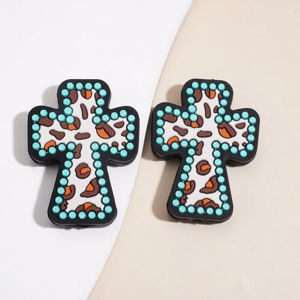 Silicone Focal Beads with Leopard Printed Cross in Various Colors