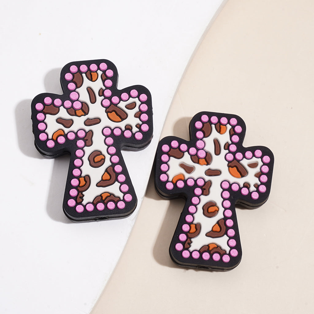 Silicone Focal Beads with Leopard Printed Cross in Various Colors