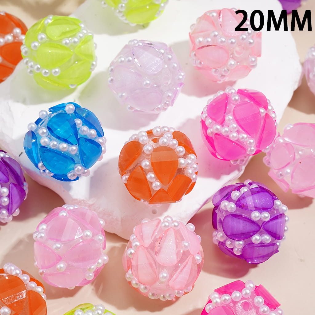 Hand-Made Acrylic Beads with Water Drop Rhinestones and White Pearls, 20MM, Random Mix