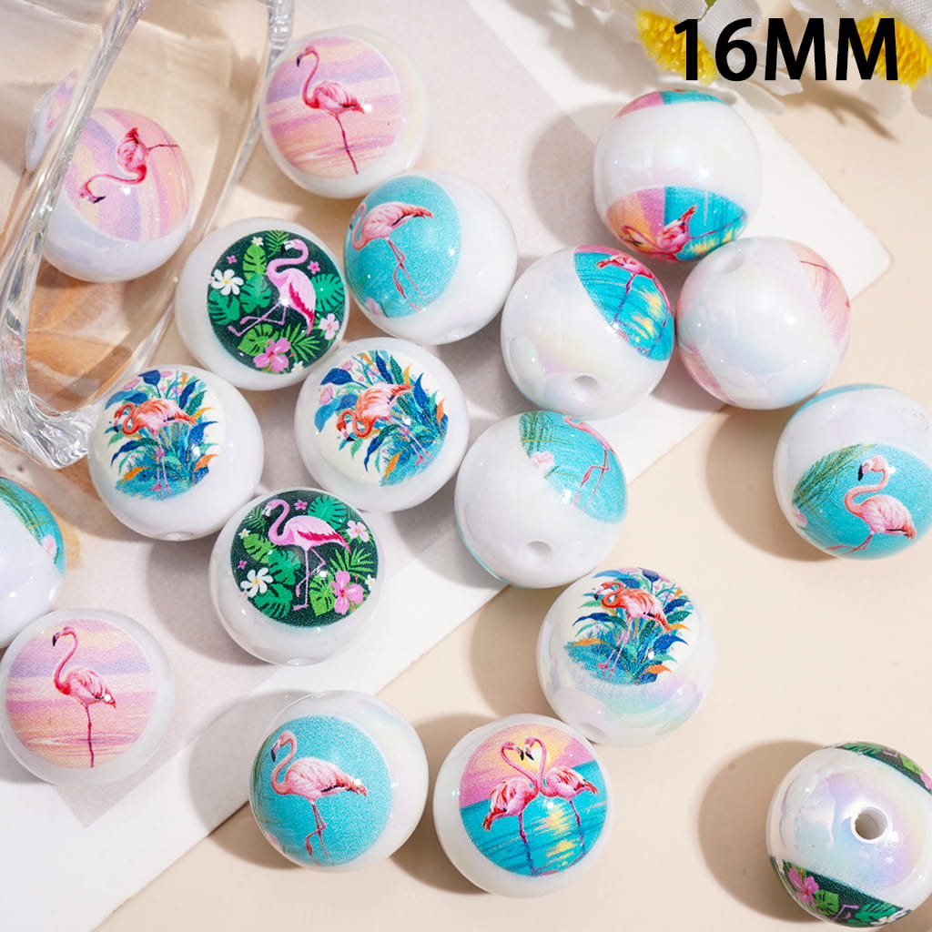 UV Coated Acrylic Beads for Bracelets w Flamingo Theme, 16MM, Random Mix