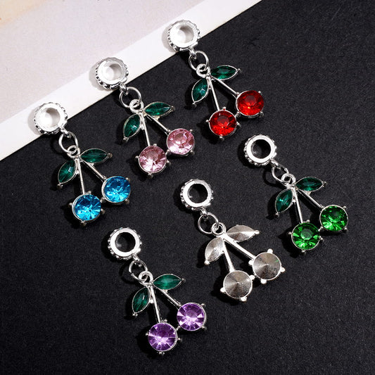 Silver Color Metal Bail Beads with Dangle Charm Pendant Cherry Rhinestones Jewelry Accessories Multi-Color