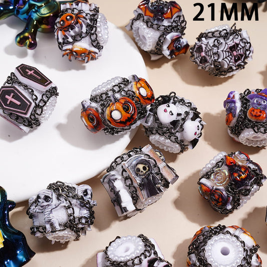 Acrylic Beads with Halloween Horror Spooky Theme, Gun Black Chain & White Pearl Loop, White Base, 21MM, Random Mix