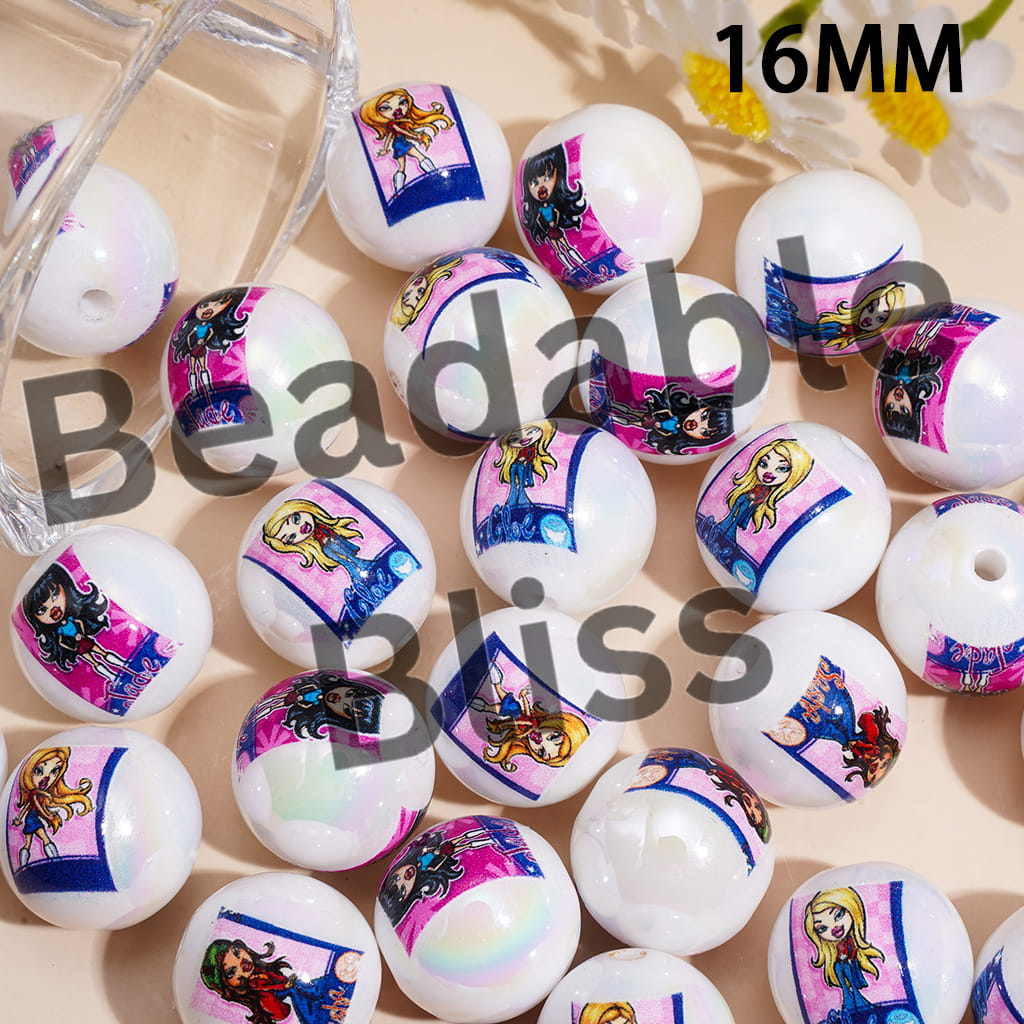 Acrylic Beads for Bracelets UV Coating w Gothic Style Doll Print Series, 16MM, Random Mix