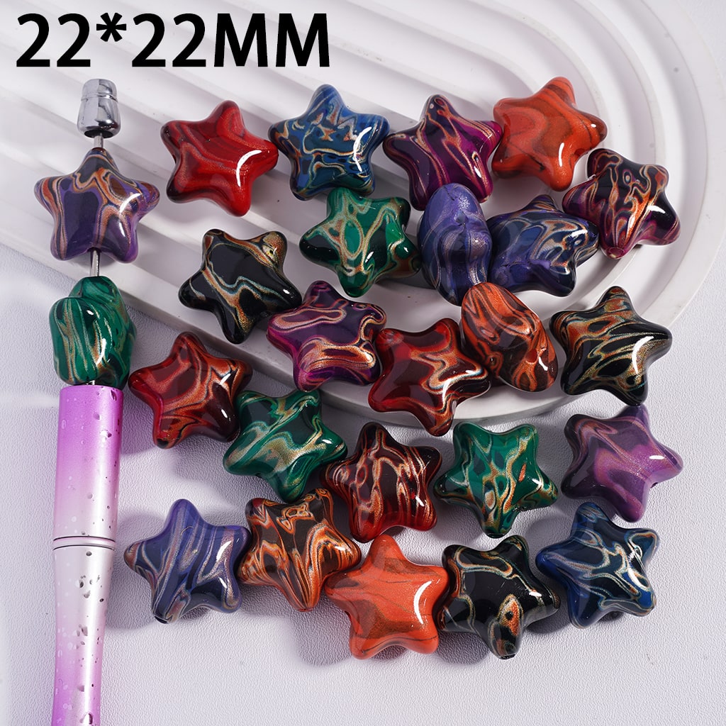 Acrylic Beads Five-Pointed Star with Water Marbling Texture, 22*22MM, Multi-Color, Random Mix