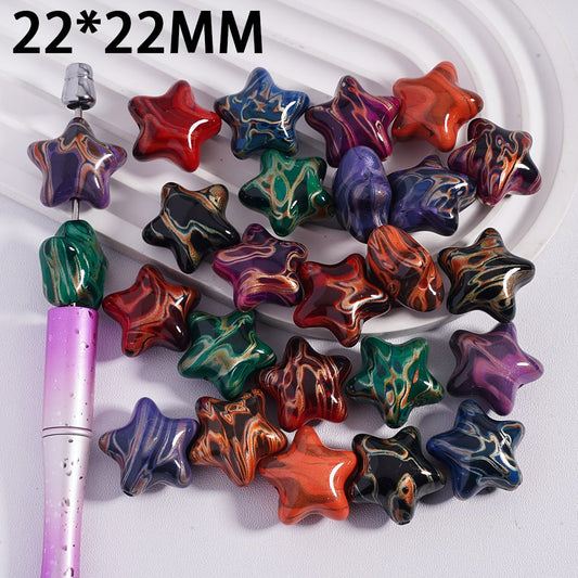 Acrylic Beads Five-Pointed Star with Water Marbling Texture, 22*22MM, Multi-Color, Random Mix