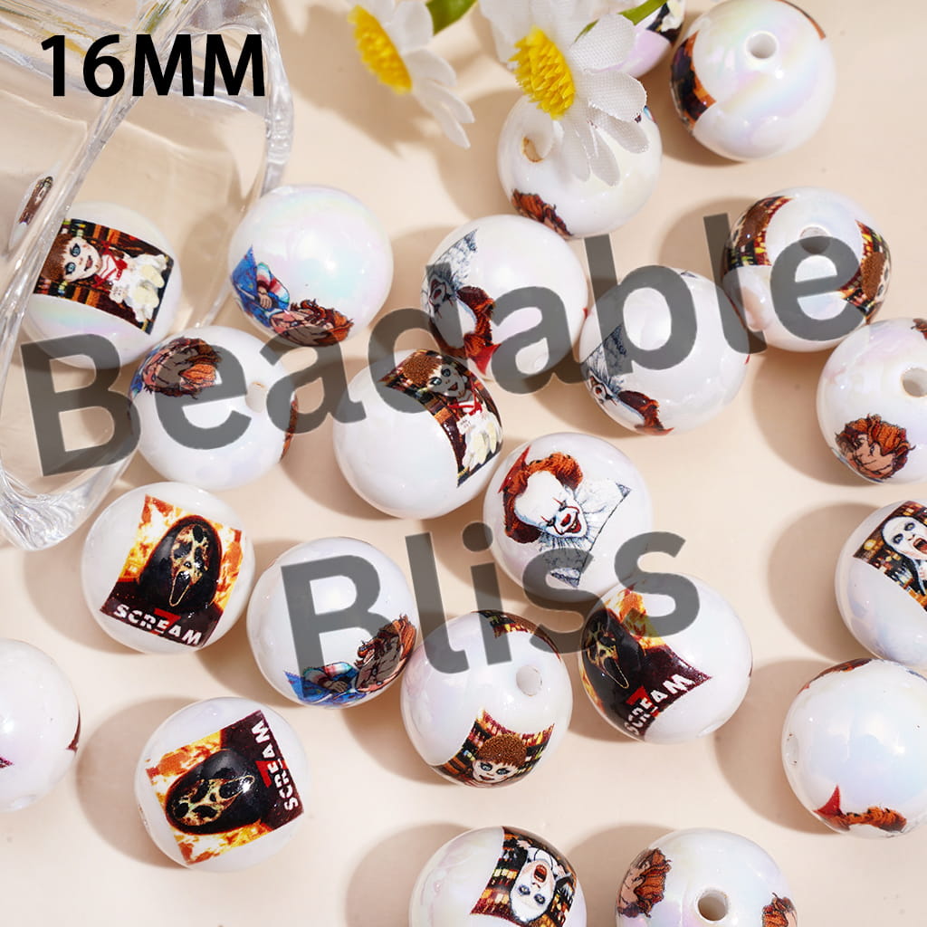 Halloween Spooky Horror Character Theme UV Coating Acrylic Beads for Bracelets, 16MM, Random Mix