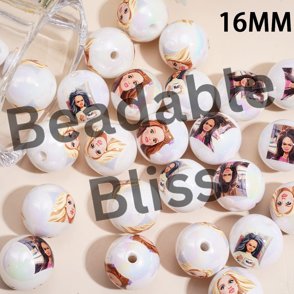 Various Facial Expressions Fashion Doll Series UV Coated Acrylic Beads for Bracelets, 16MM, Random Mix