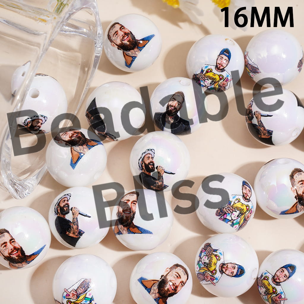 American Hip-Hop Singer Series UV Coating Acrylic Beads for Bracelets, 16MM, Random Mix