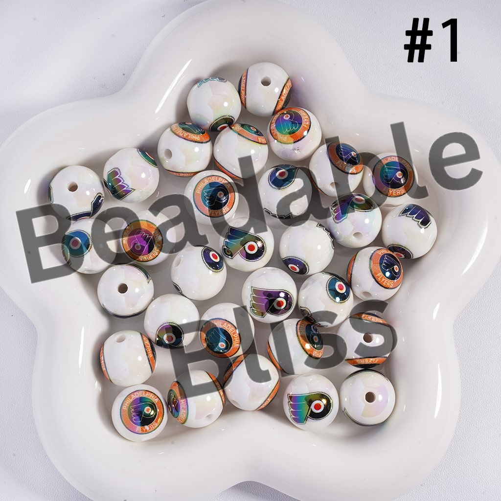 Acrylic Beads for Bracelets |  Round with UV Coating Ice Hockey Team Pattern, 16MM