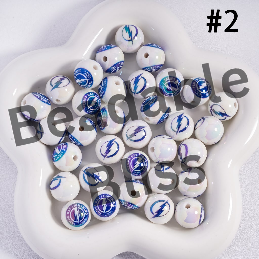Acrylic Beads for Bracelets |  Round with UV Coating Ice Hockey Team Pattern, 16MM