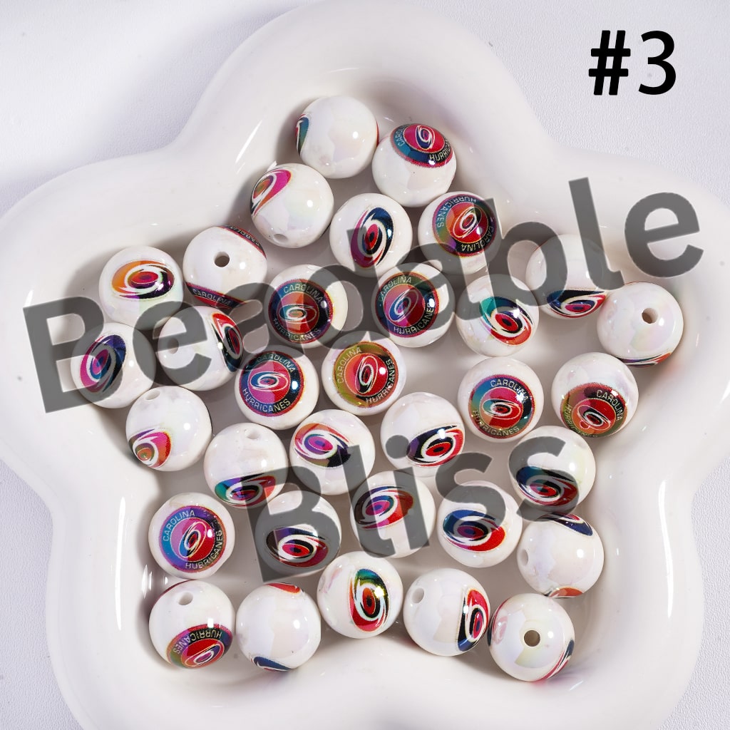 Acrylic Beads for Bracelets |  Round with UV Coating Ice Hockey Team Pattern, 16MM