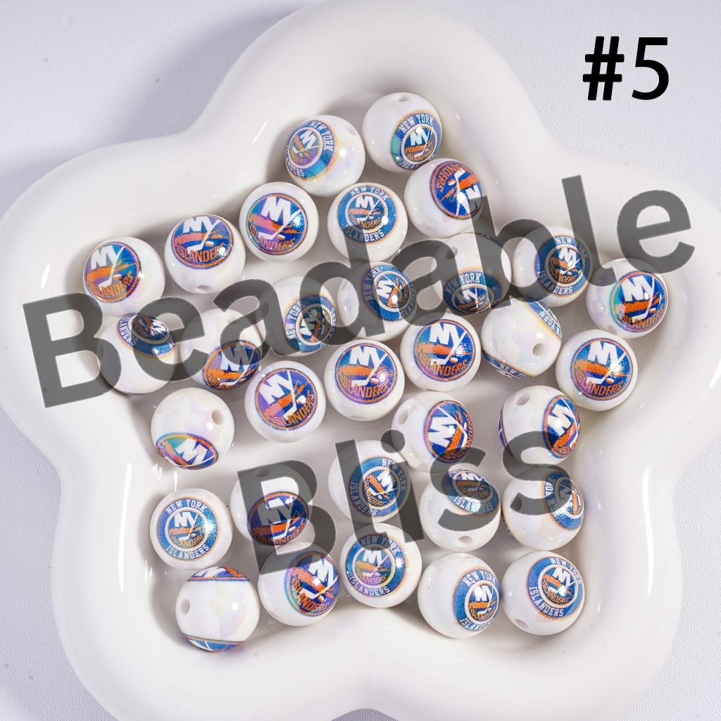 Acrylic Beads for Bracelets |  Round with UV Coating Ice Hockey Team Pattern, 16MM