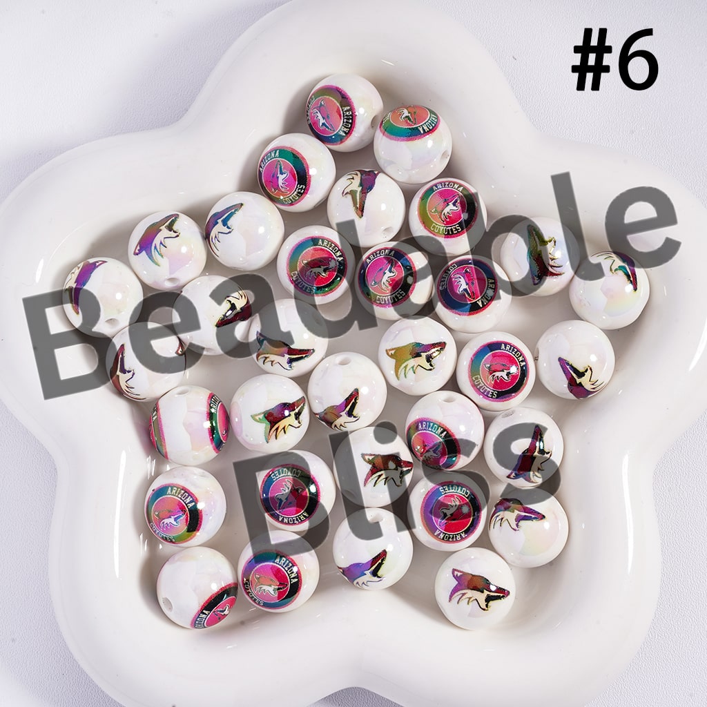 Acrylic Beads for Bracelets |  Round with UV Coating Ice Hockey Team Pattern, 16MM