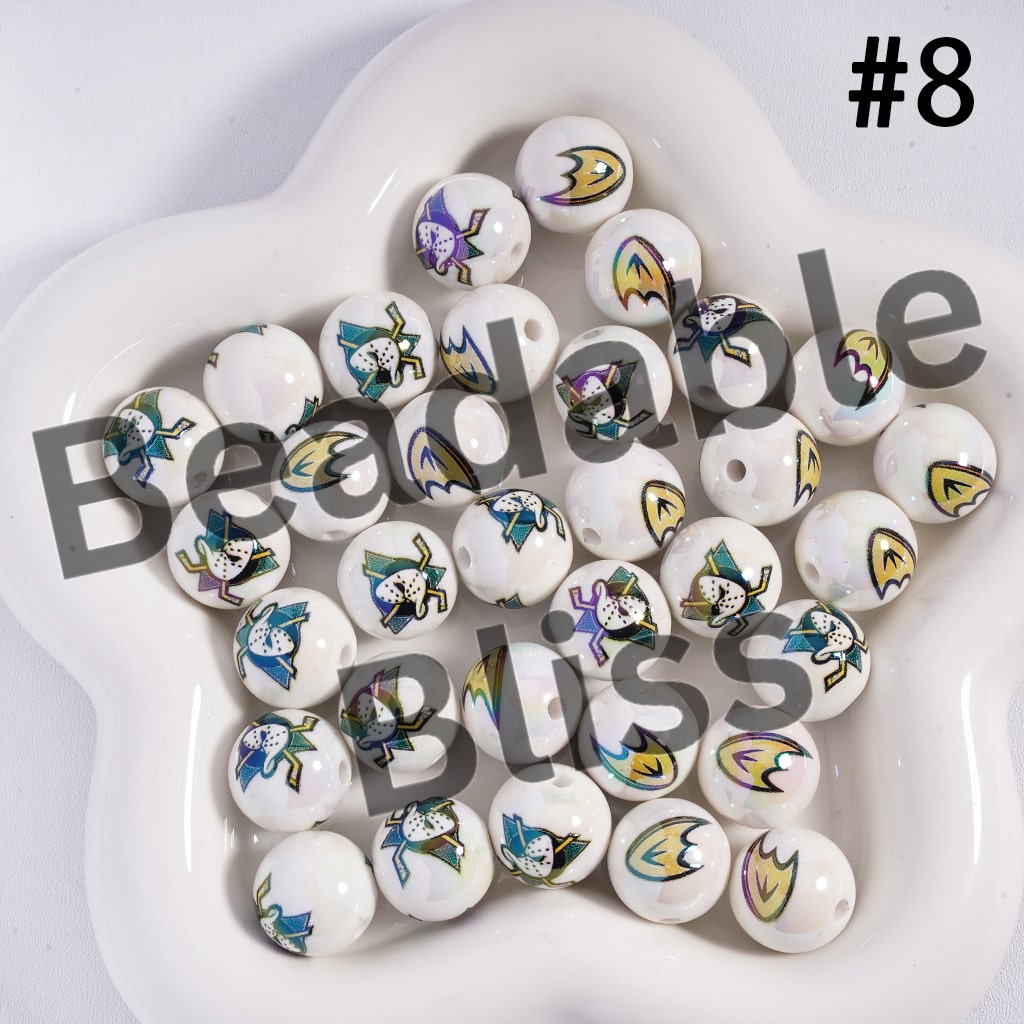 Acrylic Beads for Bracelets |  Round with UV Coating Ice Hockey Team Pattern, 16MM