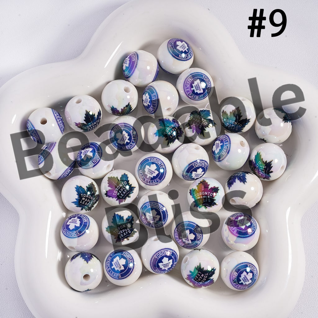 Acrylic Beads for Bracelets |  Round with UV Coating Ice Hockey Team Pattern, 16MM