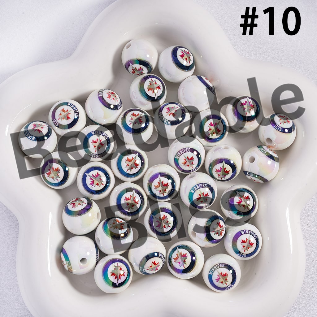 Acrylic Beads for Bracelets |  Round with UV Coating Ice Hockey Team Pattern, 16MM