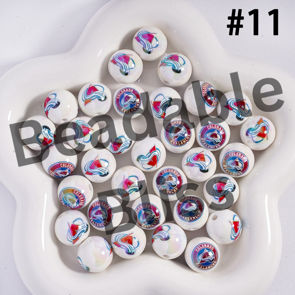 Acrylic Beads for Bracelets |  Round with UV Coating Ice Hockey Team Pattern, 16MM