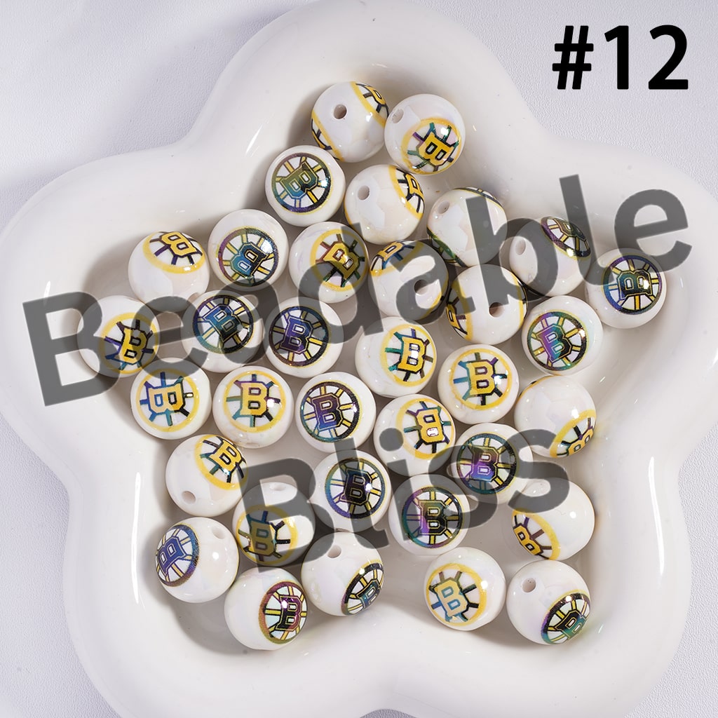 Acrylic Beads for Bracelets |  Round with UV Coating Ice Hockey Team Pattern, 16MM