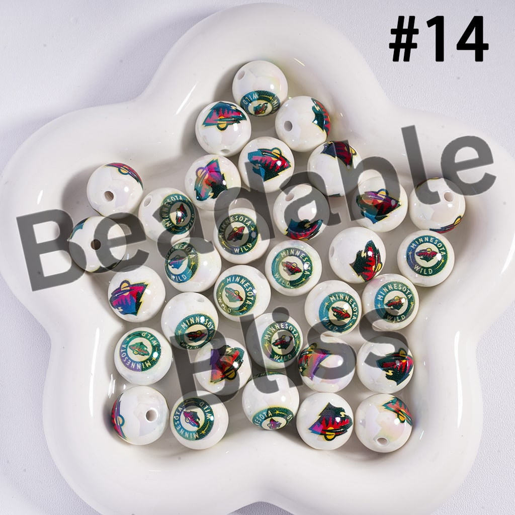 Acrylic Beads for Bracelets |  Round with UV Coating Ice Hockey Team Pattern, 16MM