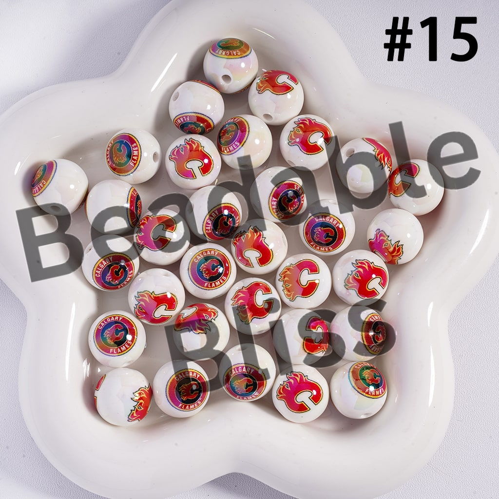Acrylic Beads for Bracelets |  Round with UV Coating Ice Hockey Team Pattern, 16MM