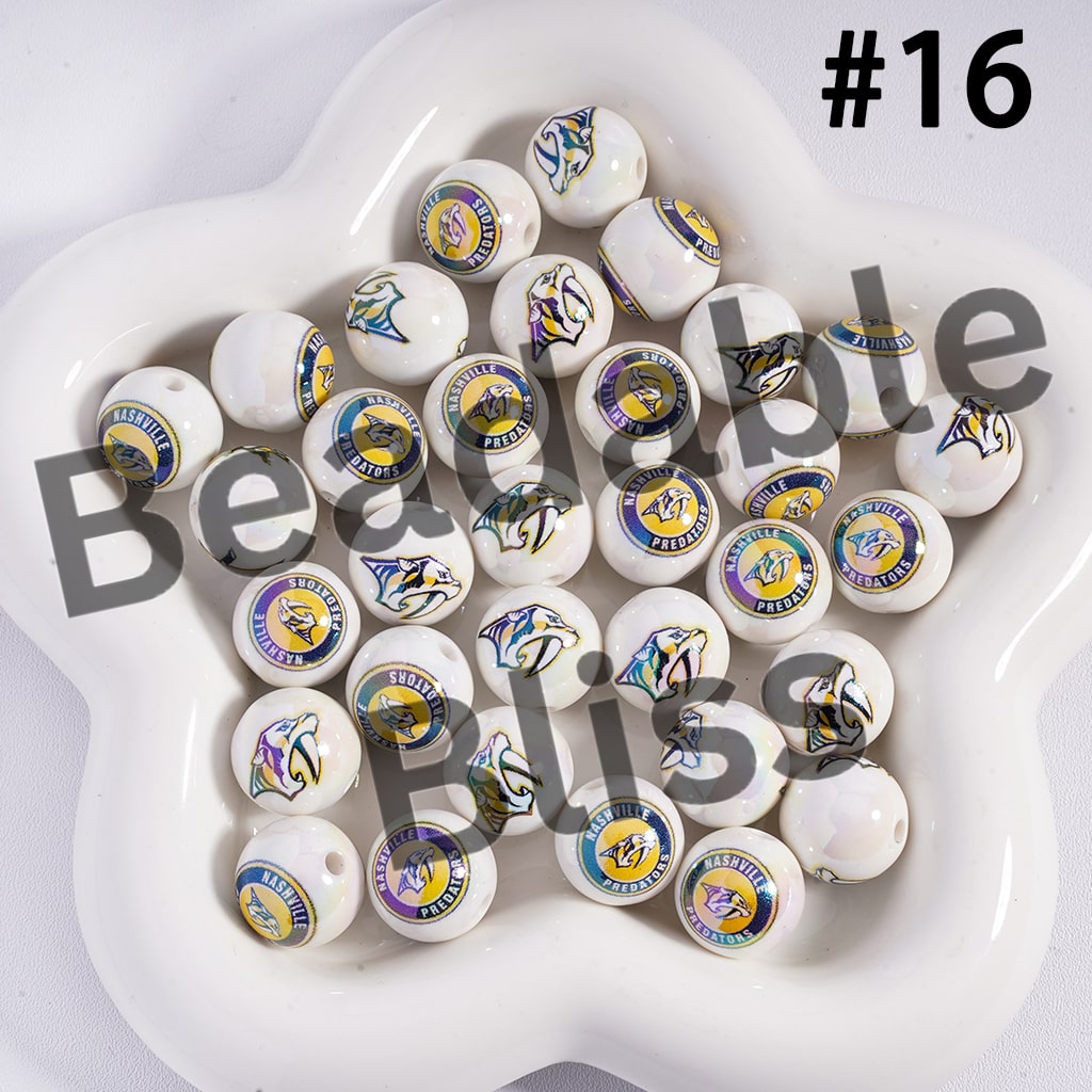 Acrylic Beads for Bracelets |  Round with UV Coating Ice Hockey Team Pattern, 16MM
