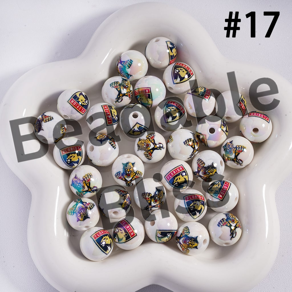 Acrylic Beads for Bracelets |  Round with UV Coating Ice Hockey Team Pattern, 16MM