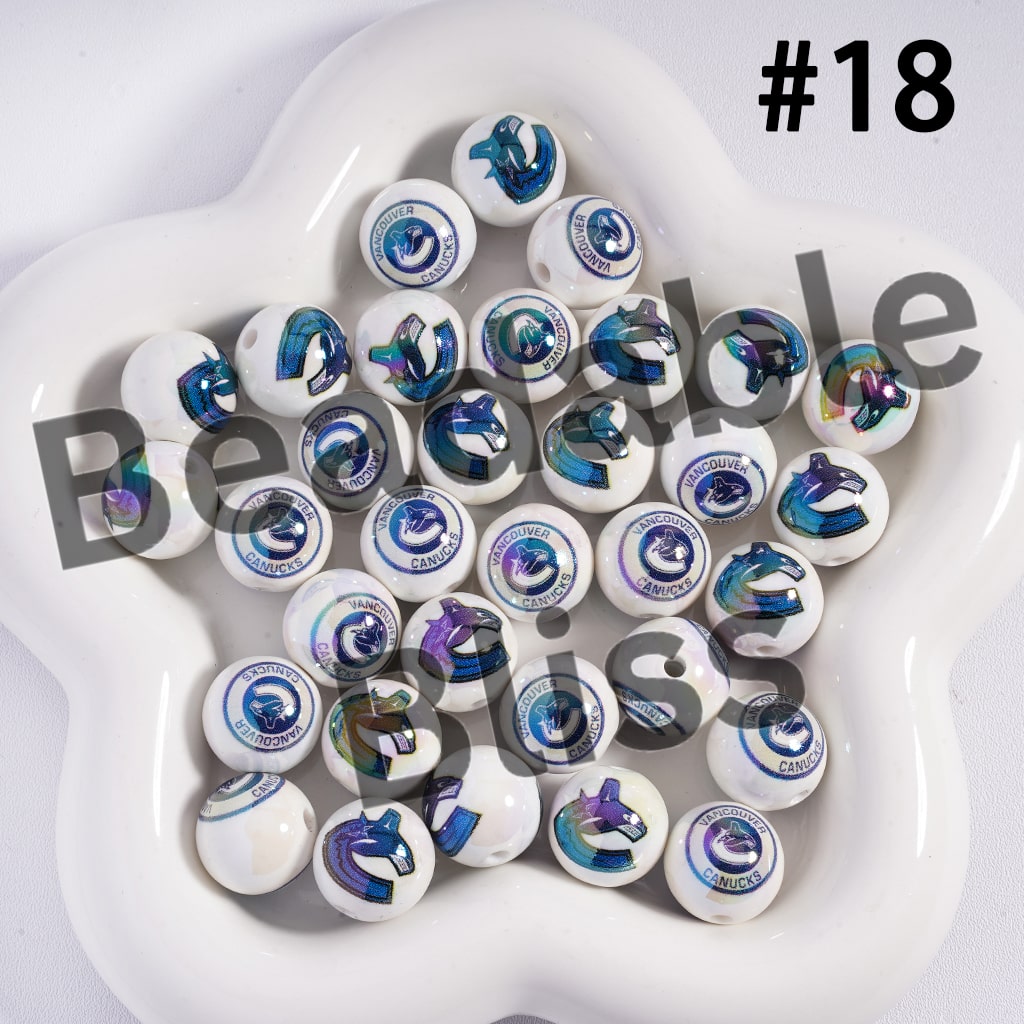 Acrylic Beads for Bracelets |  Round with UV Coating Ice Hockey Team Pattern, 16MM