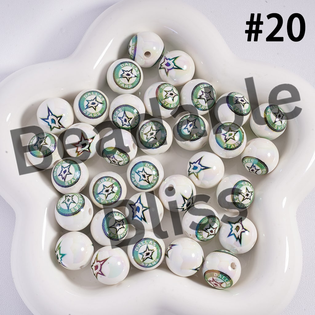 Acrylic Beads for Bracelets |  Round with UV Coating Ice Hockey Team Pattern, 16MM