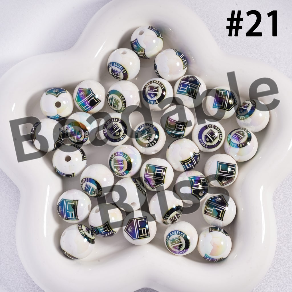 Acrylic Beads for Bracelets |  Round with UV Coating Ice Hockey Team Pattern, 16MM