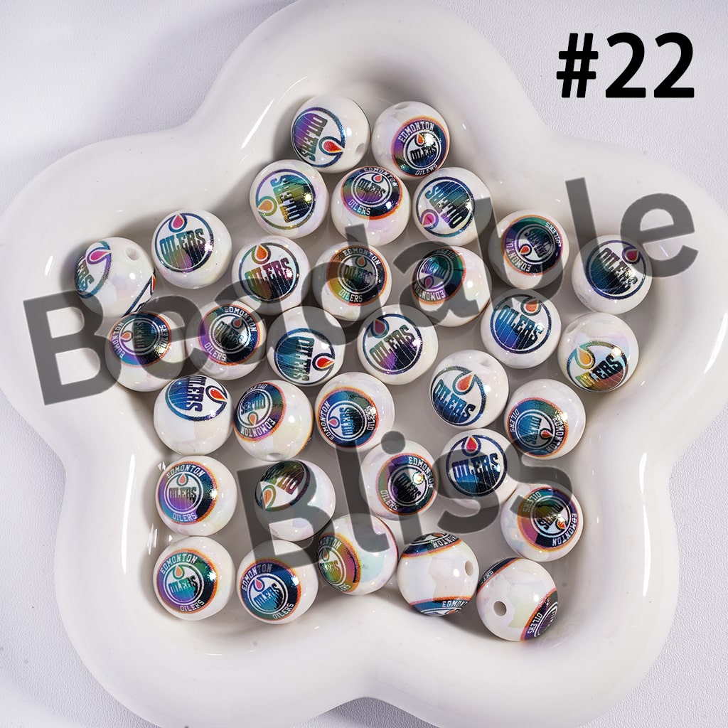 Acrylic Beads for Bracelets |  Round with UV Coating Ice Hockey Team Pattern, 16MM