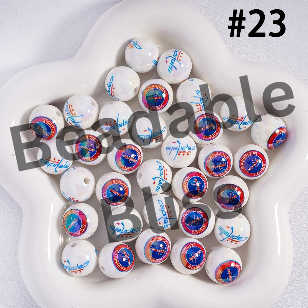Acrylic Beads for Bracelets |  Round with UV Coating Ice Hockey Team Pattern, 16MM