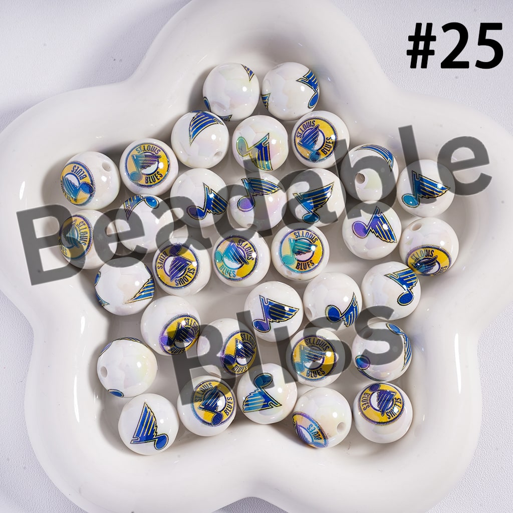 Acrylic Beads for Bracelets |  Round with UV Coating Ice Hockey Team Pattern, 16MM