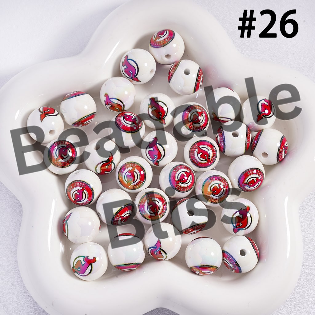 Acrylic Beads for Bracelets |  Round with UV Coating Ice Hockey Team Pattern, 16MM