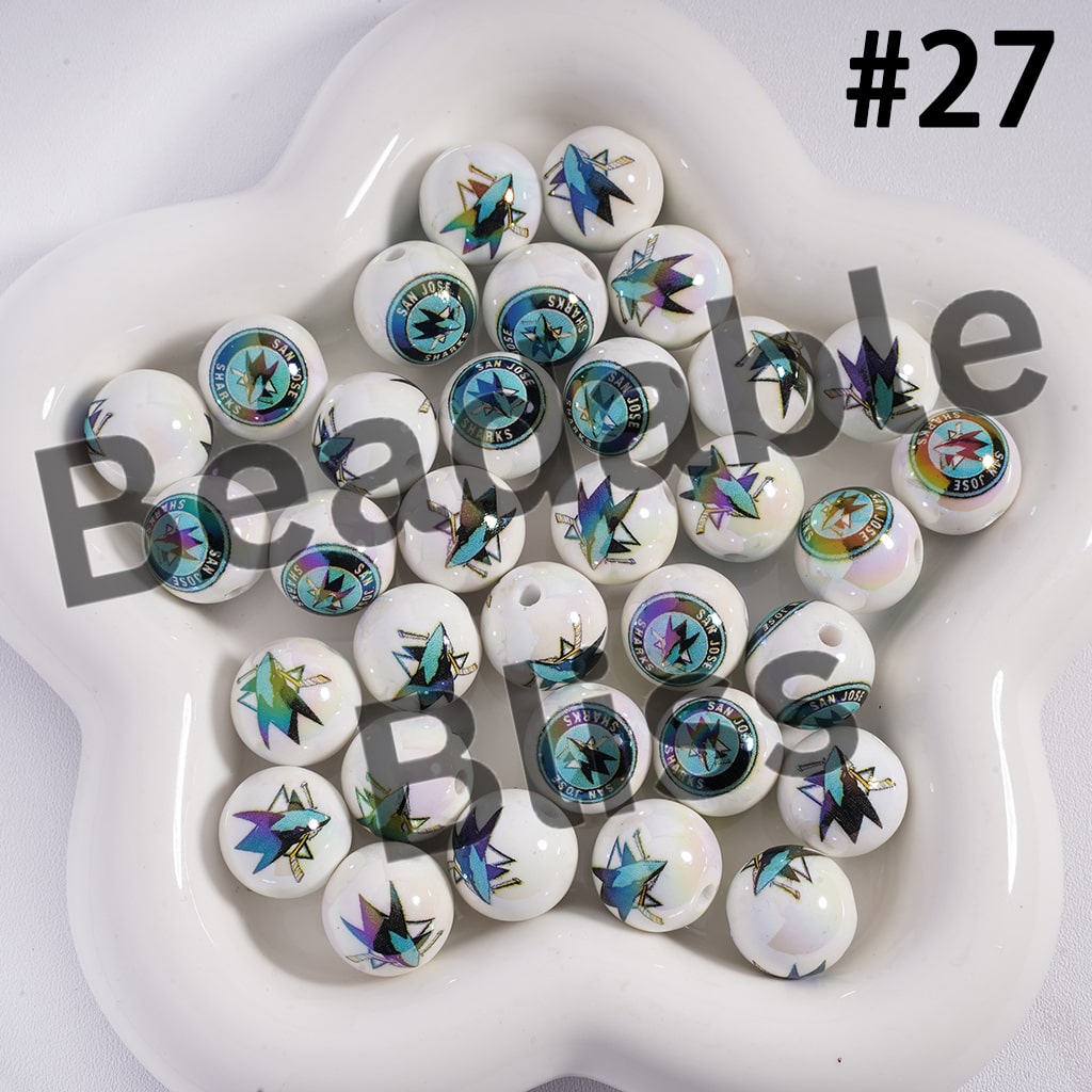 Acrylic Beads for Bracelets |  Round with UV Coating Ice Hockey Team Pattern, 16MM