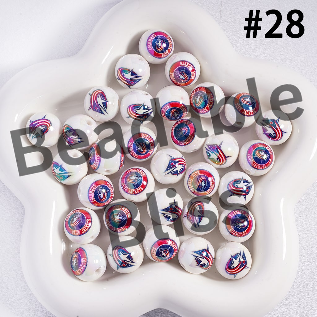 Acrylic Beads for Bracelets |  Round with UV Coating Ice Hockey Team Pattern, 16MM