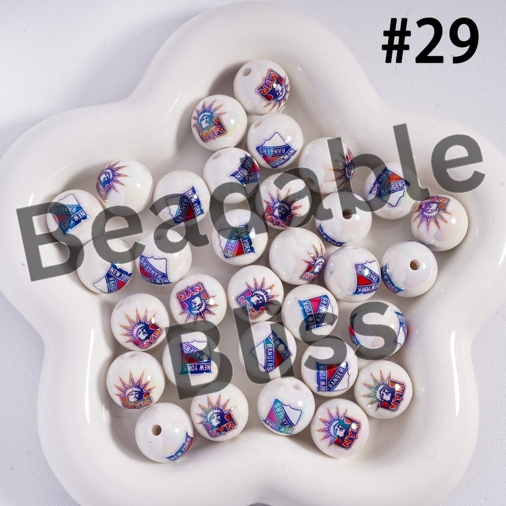 Acrylic Beads for Bracelets |  Round with UV Coating Ice Hockey Team Pattern, 16MM