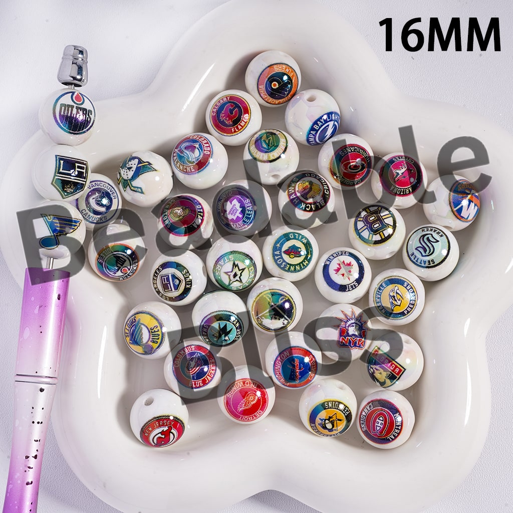 Acrylic Beads for Bracelets |  Round with UV Coating Ice Hockey Team Pattern, 16MM