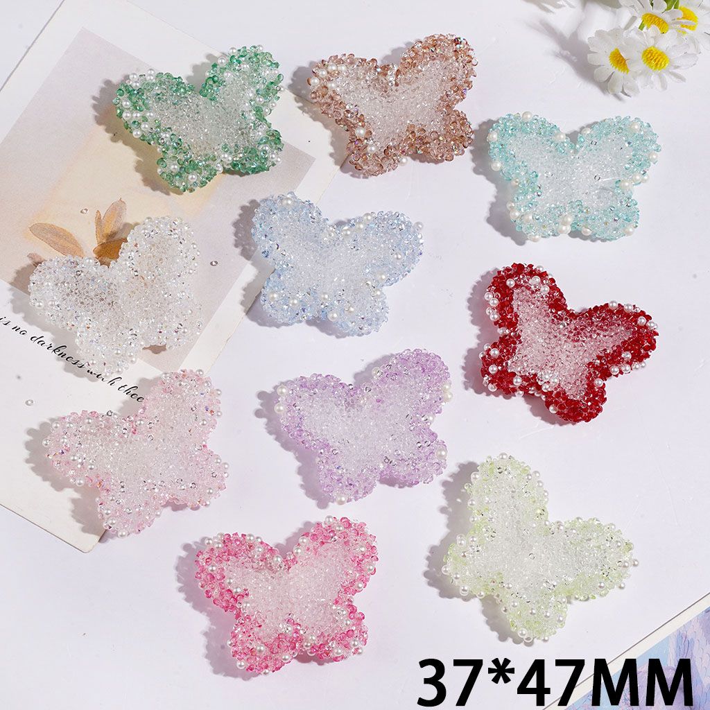 Handmade Acrylic Sugar Beads Butterfly with Cone Shaped Rhinestones and White Pearls, 37*47MM Random Mix Multi-Color