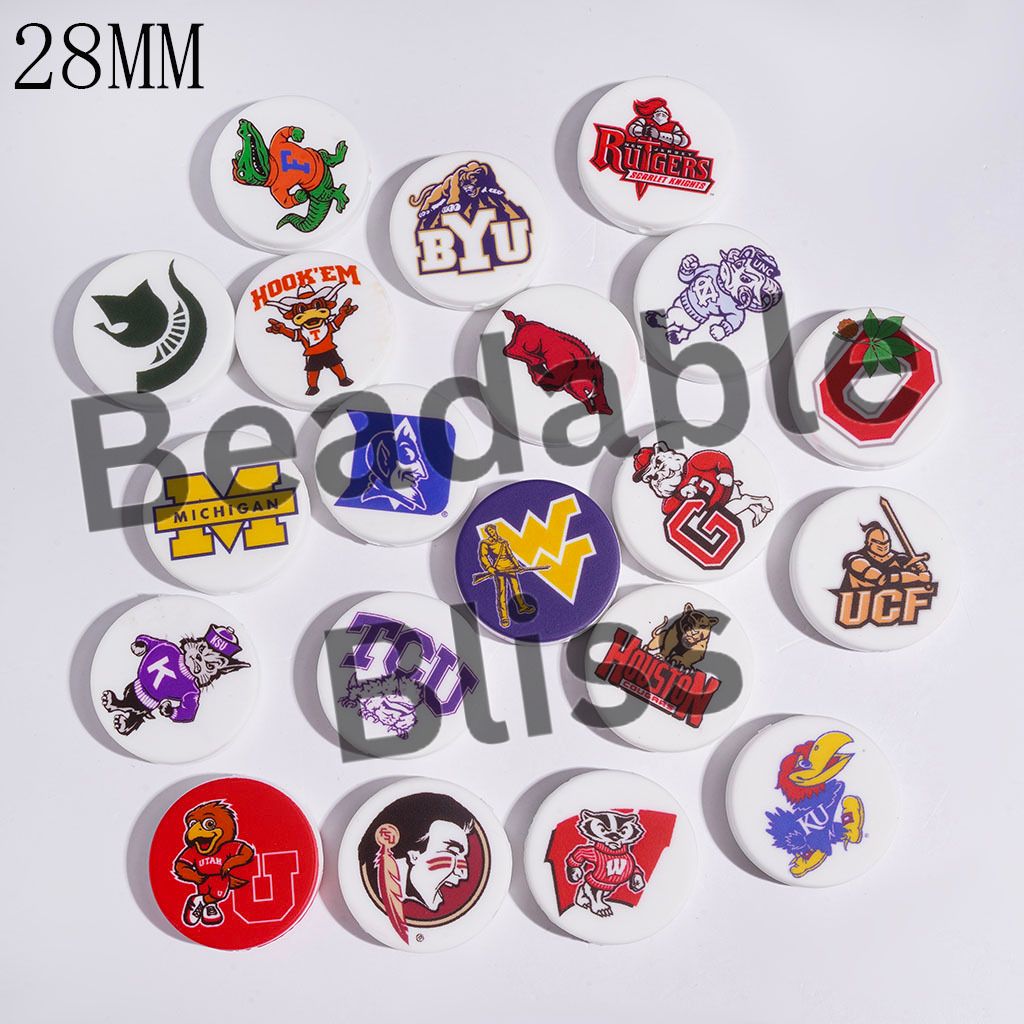 American College Football Team Theme Silicone Focal Beads, Around 28MM, Flat Round Shape, Random Mix
