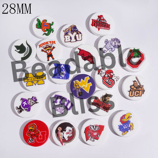 American College Football Team Theme Silicone Focal Beads, Around 28MM, Flat Round Shape, Random Mix