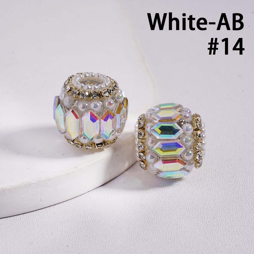 Two beaded jewelry pieces with iridescent finish on a white background, labeled 'White-AB #14'.