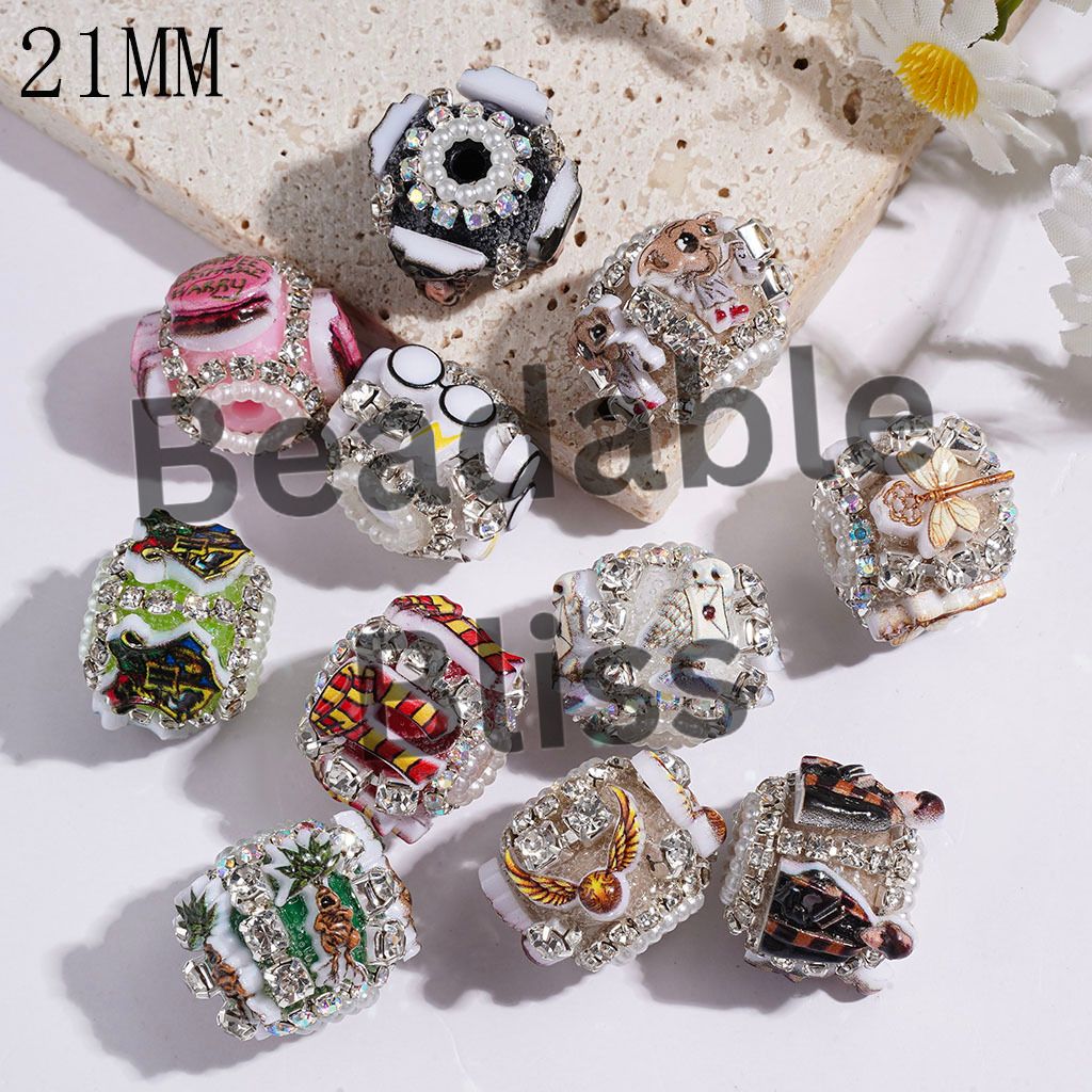 Hand-Made Wizard Boy Character Magic Tool Series Acrylic Beads, with Rhinestone Chains & White Pearl Loop, 21MM Random Mix